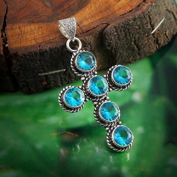Handmade Sterling Silver Topaz Cross Pendant: Boho Healing Jewelry