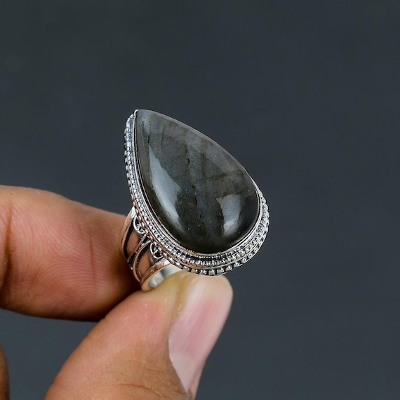 Pear Labradorite Ring: Handmade Sterling Silver Vintage Ring - Size 7.25