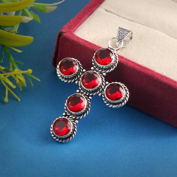 Handmade Sterling Silver Garnet Cross Pendant: Boho Healing Jewelry