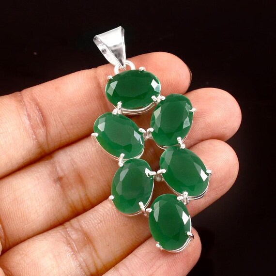 Handmade Green Onyx Pendant: Sterling Silver Boho Statement Jewelry