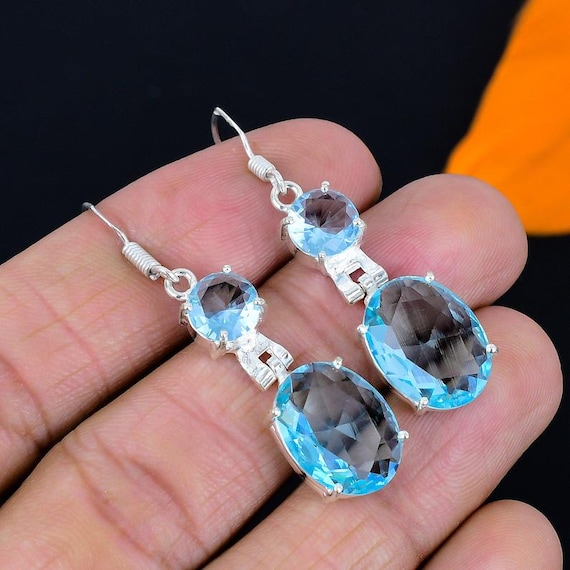 Handmade Swiss Blue Topaz Earrings: 925 Sterling Silver Dangle