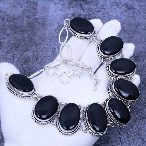 Black Onyx Gemstone Necklace: 925 Sterling Silver Adjustable Chain