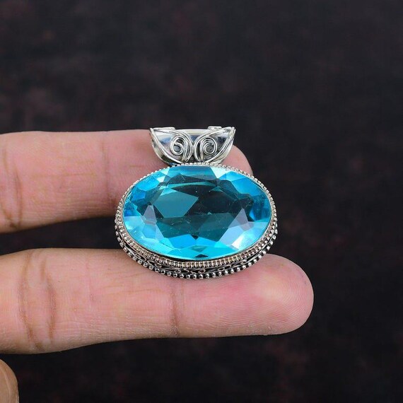 Handmade Swiss Blue Topaz Sterling Silver Pendant: Boho Healing Jewelry
