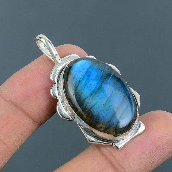 Natural Labradorite Sterling Silver Pendant: Handmade Boho Jewelry