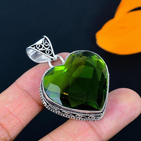 Heart Peridot Pendant: Sterling Silver Boho Healing Jewelry
