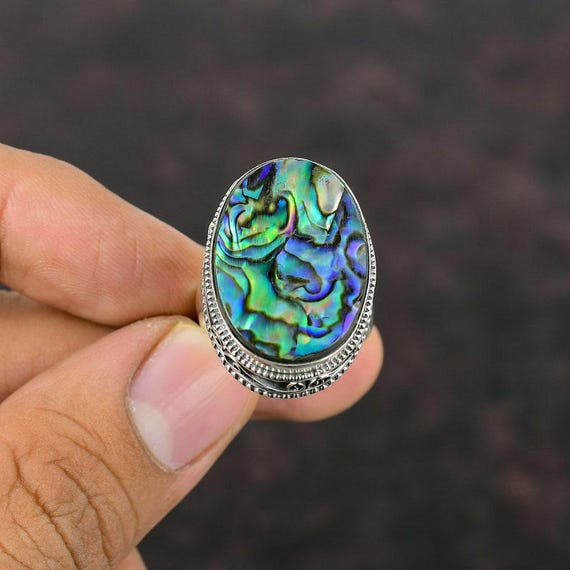 Adjustable Abalone Shell Ring: Boho Sterling Silver Gemstone Jewelry