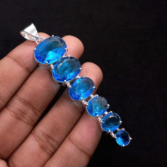 Handmade Swiss Blue Topaz Pendant: Sterling Silver Boho Healing Jewelry