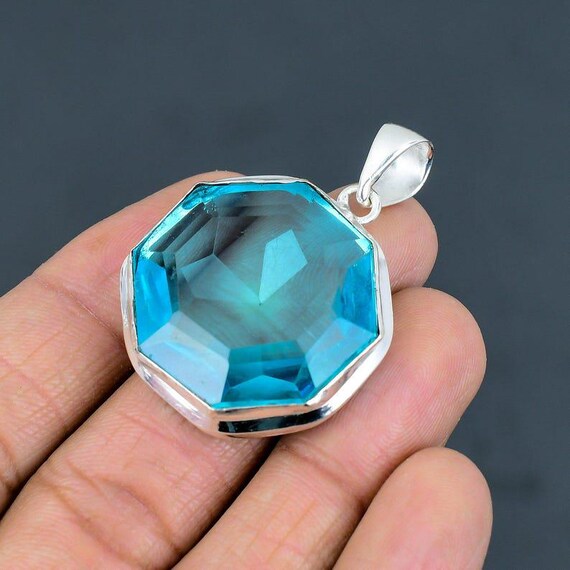 Handmade Swiss Blue Topaz Octagon Pendant: Sterling Silver Boho Jewelry
