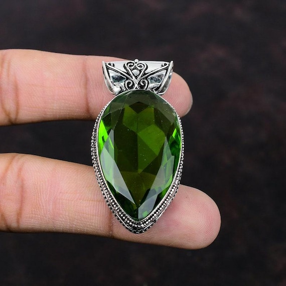 Handmade Pear Peridot Pendant: Boho Sterling Silver Gemstone Jewelry