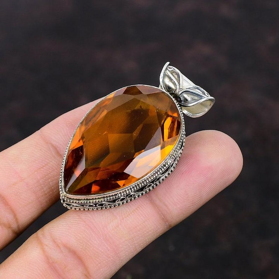 Handmade Pear Citrine Pendant: 925 Sterling Silver Vintage Boho Jewelry