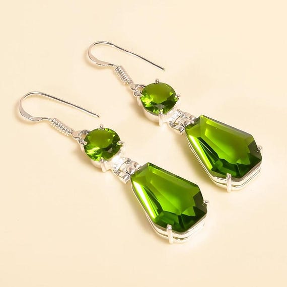 Green Gemstone Drop Earrings, Silver Dangle Earrings, Elegant Statement Jewelry for Women, Handmade Gift"