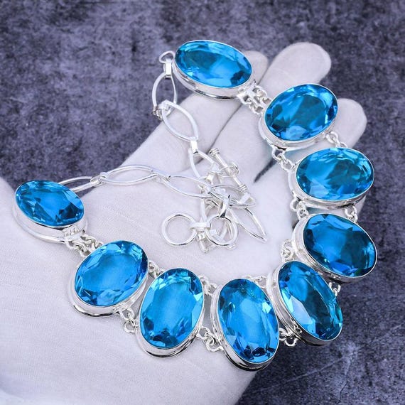 Handmade Swiss Blue Topaz Necklace: 925 Sterling Silver, Adjustable