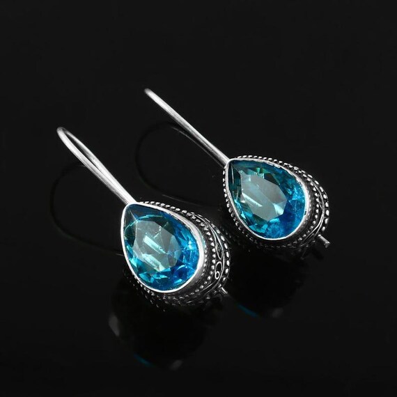 Swiss Blue Quartz Dangle Earrings: Sterling Silver Pear Drop