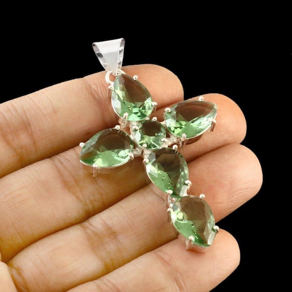 Green Amethyst Cross Pendant: Handmade Sterling Silver Boho Jewelry
