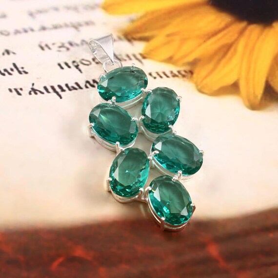 Lab-Created Green Sapphire Pendant: Handmade 925 Sterling Silver Boho Necklace