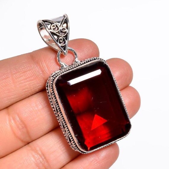 Red Garnet Crystal Pendant Necklace • Vintage Boho Silver Statement Jewelry • Healing Gemstone Gift for Women • Handmade Rectangular Pendant
