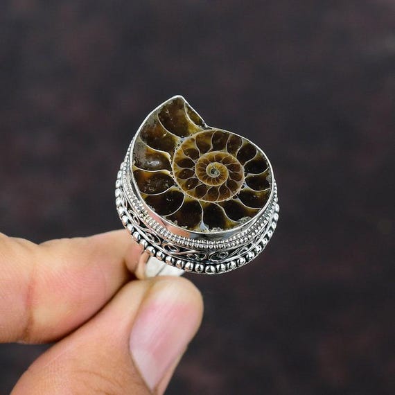 Sterling Silver Ammonite Fossil Ring: Adjustable Vintage Gemstone