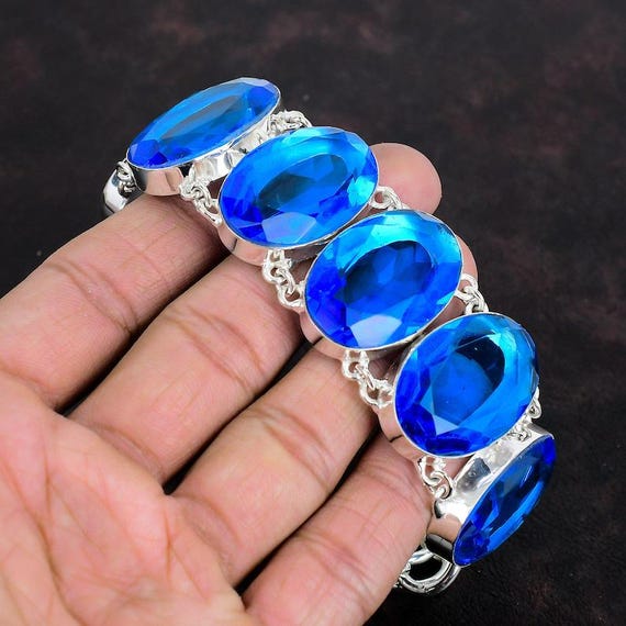 London Blue Topaz Bracelet, Handmade 925 Sterling Silver, Adjustable