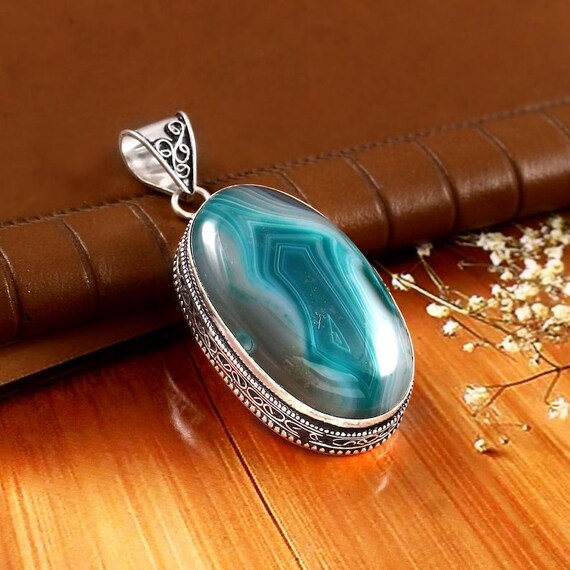 Green Banded Agate Pendant: Handmade Sterling Silver Boho Jewelry