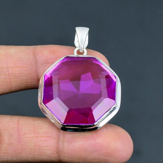 Pink Tourmaline Octagon Pendant, 925 Sterling Silver, Boho Statement Jewelry