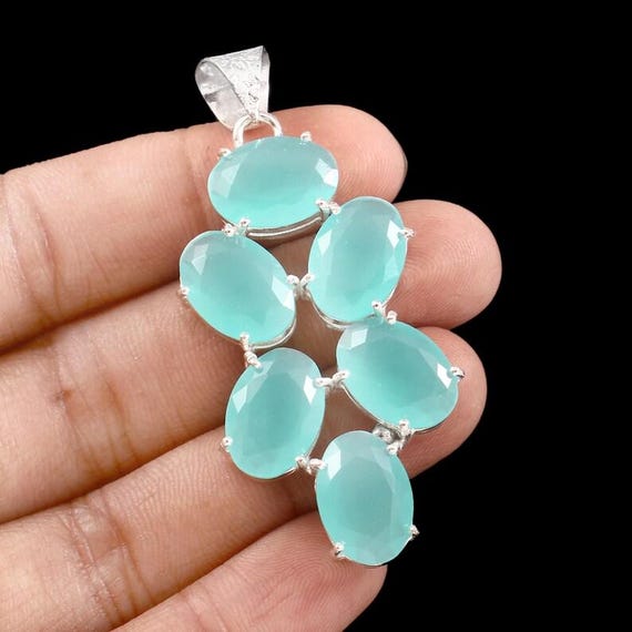 Boho Aqua Chalcedony Pendant: 925 Sterling Silver, Handmade Gemstone