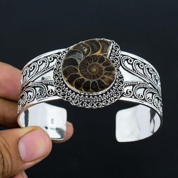 Ammonite Fossil Bangle, 925 Sterling Silver, Bohemian Cuff