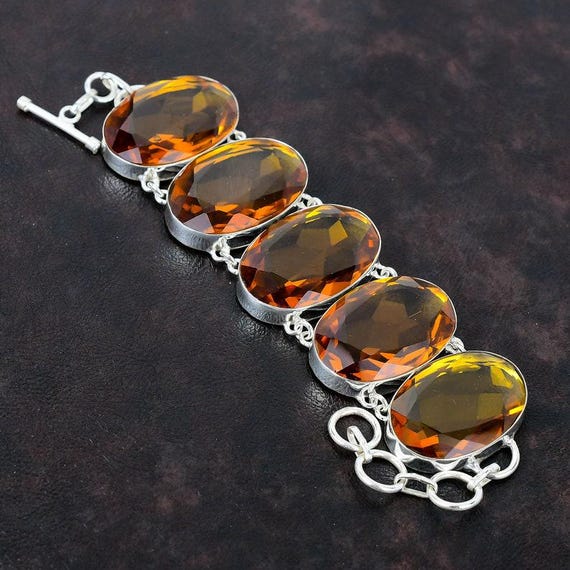 Faceted Citrine Bracelet: 925 Sterling Silver, Adjustable Chain