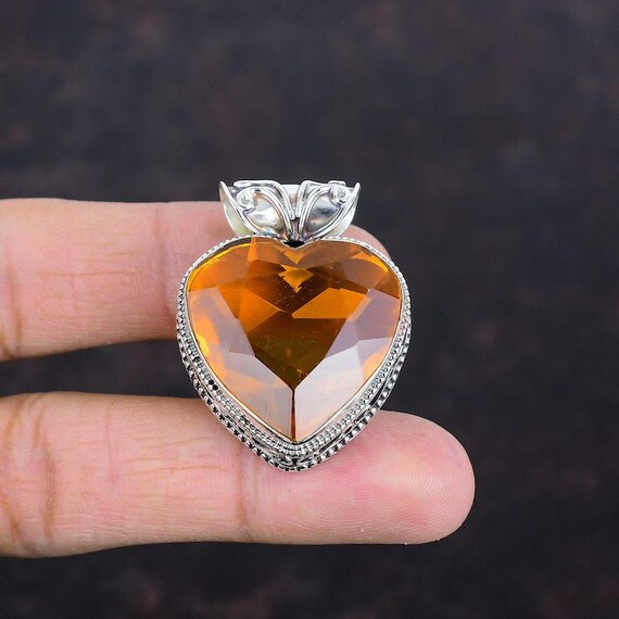 Boho Heart Citrine Pendant: Sterling Silver Vintage Style