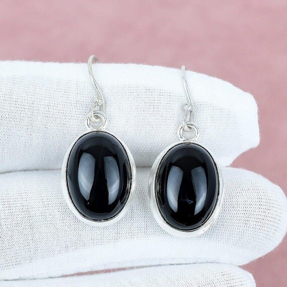 Handmade Black Onyx Dangle Earrings: 925 Sterling Silver, Boho Antique Style