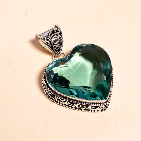 Handmade Heart Green Quartz Pendant: Sterling Silver Boho Necklace