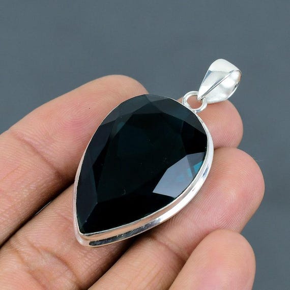 Handmade Sterling Silver Indicolite Pear Pendant, Boho Statement Jewelry
