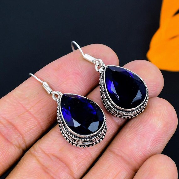 Teardrop Blue Sapphire Earrings: 925 Sterling Silver Dangle Earrings