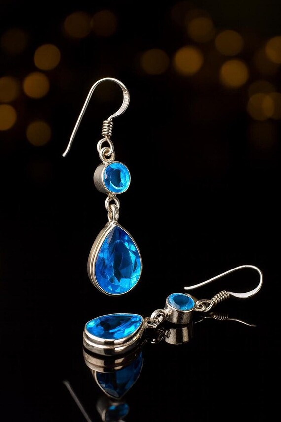 Swiss Blue Topaz Dangle Earrings: Handmade Sterling Silver