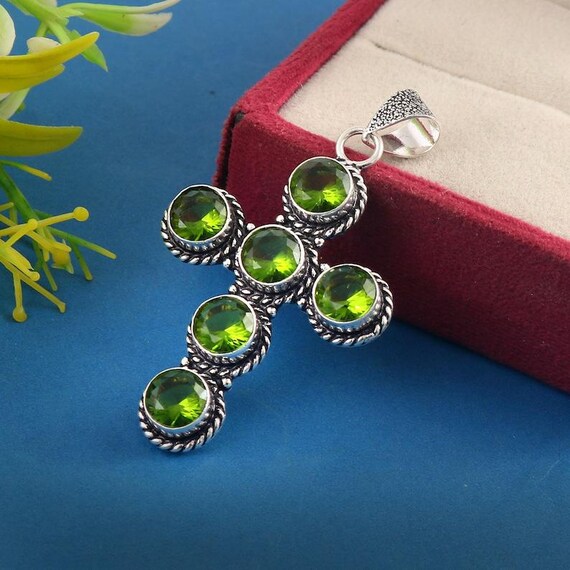 Handmade Sterling Silver Peridot Cross Pendant: Boho Healing Jewelry