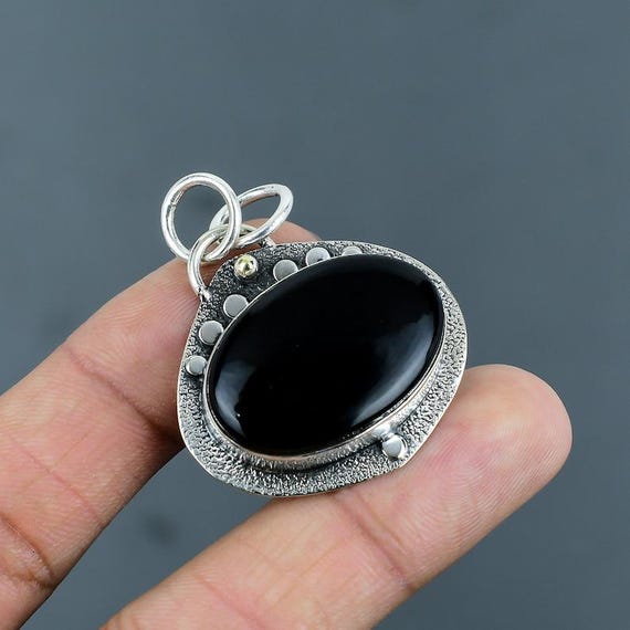Handmade Sterling Silver Black Onyx Pendant: Boho Healing Jewelry