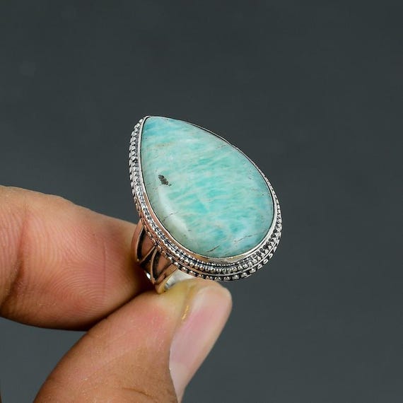 Handmade Amazonite Pear Ring: Vintage Sterling Silver, Size 6.25