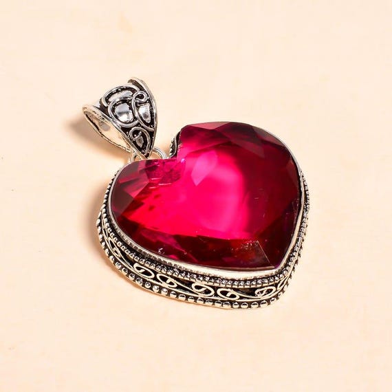 Handmade Ruby Red Heart Pendant: Sterling Silver Boho Necklace