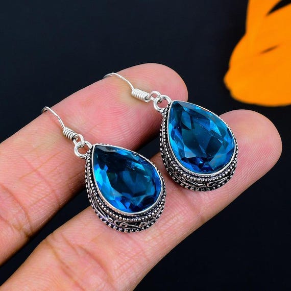 Handmade London Blue Topaz Sterling Silver Drop Earrings
