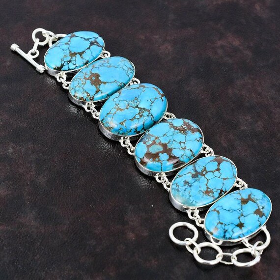 Tibetan Turquoise Bracelet: Handmade 925 Sterling Silver Adjustable Chain