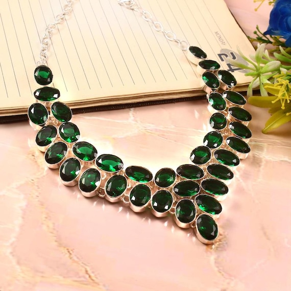 Emerald Quartz Necklace: Long 925 Sterling Silver Handmade Jewelry