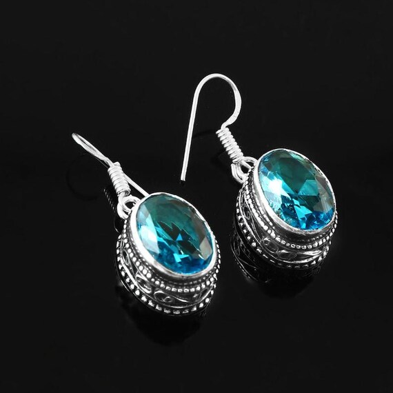 Swiss Blue Quartz Dangle Earrings: Sterling Silver Minimalist Jewelry