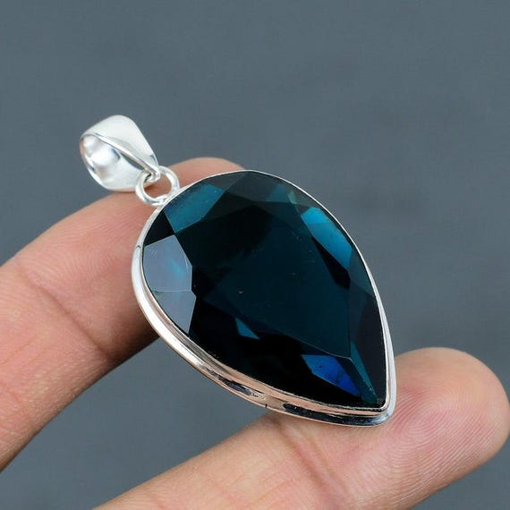 Handmade Sterling Silver Indicolite Pear Pendant: Boho Healing Jewelry