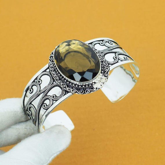 Smoky Quartz Bangle, 925 Sterling Silver Cuff, Handmade Bohemian Jewelry