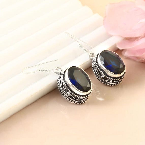 Tanzanite Quartz Sterling Silver Dangle Earrings: Boho Vintage Style