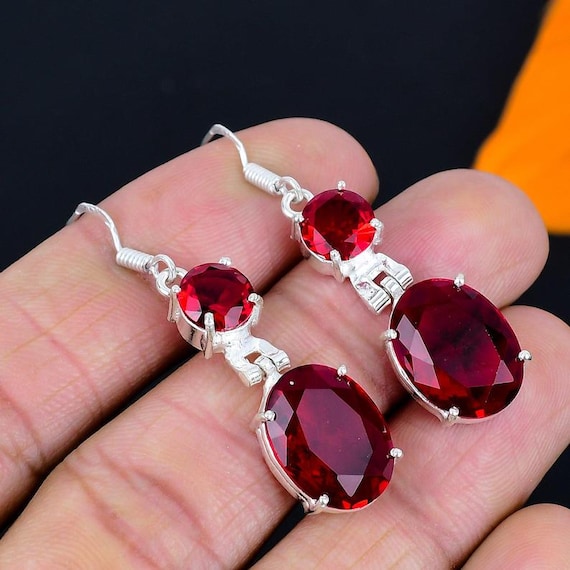 Handmade Sterling Silver Red Garnet Drop Earrings