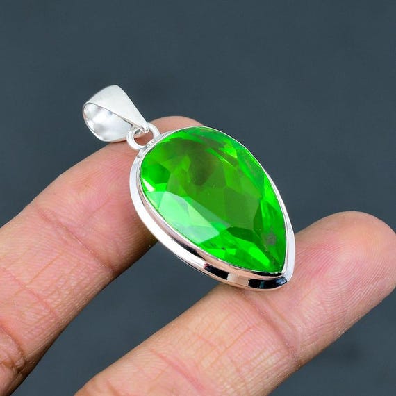 Handmade Green Amethyst Pendant: Sterling Silver Boho Healing Jewelry