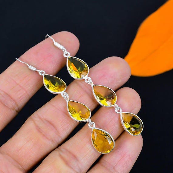 Handmade 925 Sterling Silver Faceted Citrine Drop Earrings