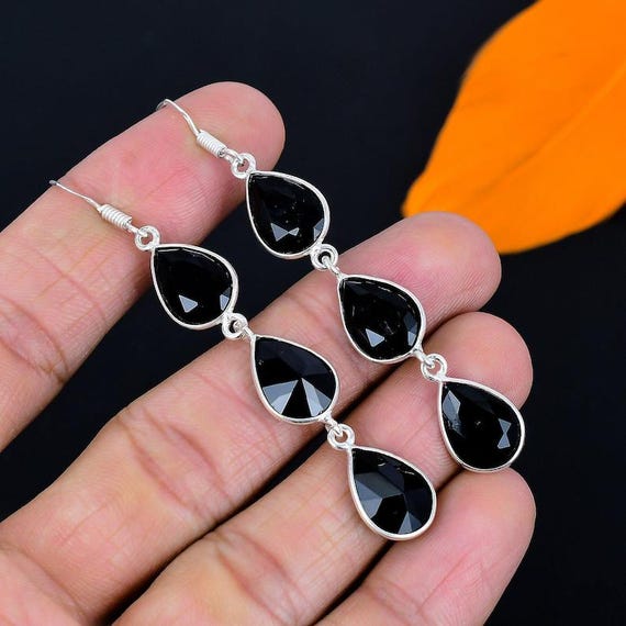 Handmade Black Onyx Sterling Silver Dangle Earrings: Antique Boho Style