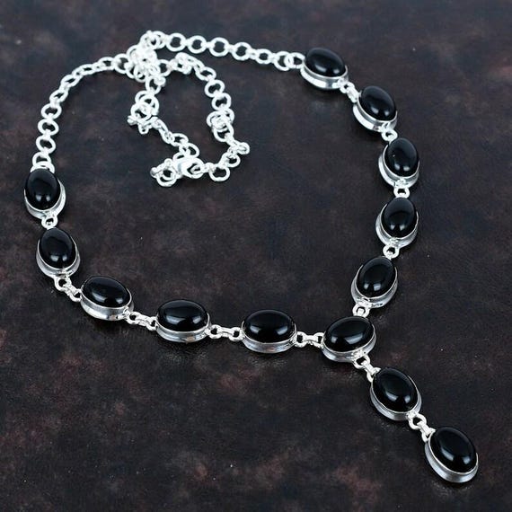 Black Onyx Sterling Silver Necklace: Adjustable Gemstone Pendant