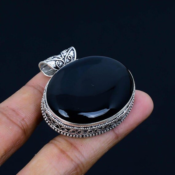 Black Onyx Pendant: Handmade 925 Sterling Silver Oval Gemstone